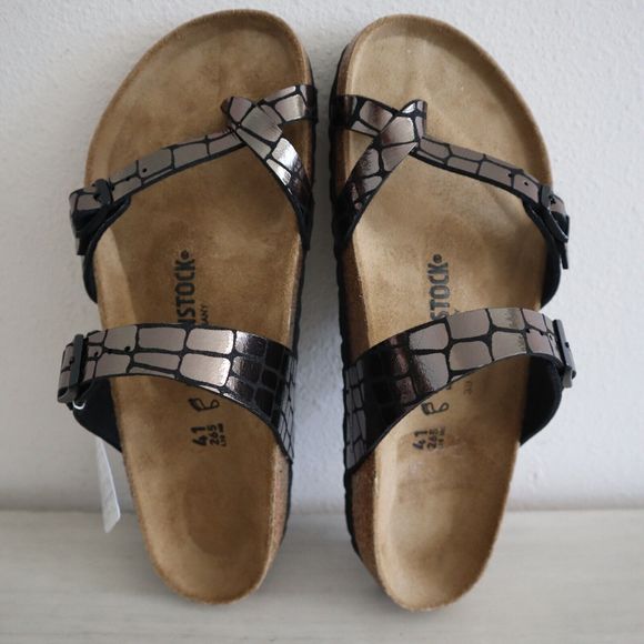 Birkenstock Women Sz 41 US 10-10.5 Gator Gleam Black Single Toe Loop Sandals - Picture 3 of 12